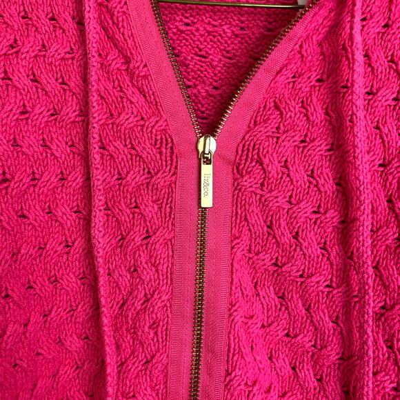 Liz & Co VTG Y2K 2000's hot pink open knit crochet zip up jacket LARGE - Picture 2 of 7